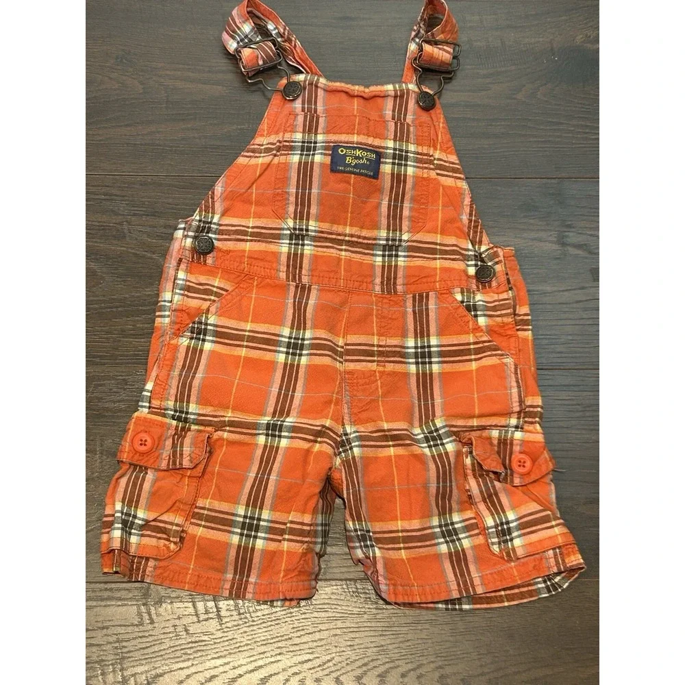 Baby Boy‎ OshKosh B'Gosh Sz 18 Months Shortall Vestbak Orange Plaid Bibs